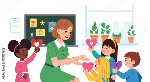 A female teacher in a classroom with a diverse group of young children holding up colorful paper hearts.