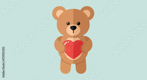 A cute cartoon teddy bear holding a red heart in its paws, set against a light blue background.