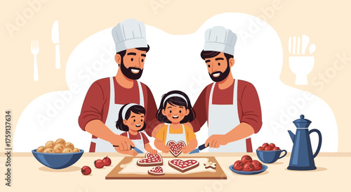 Two fathers and their two daughters are happily baking heart-shaped cookies together in the kitchen, wearing chef hats and aprons.