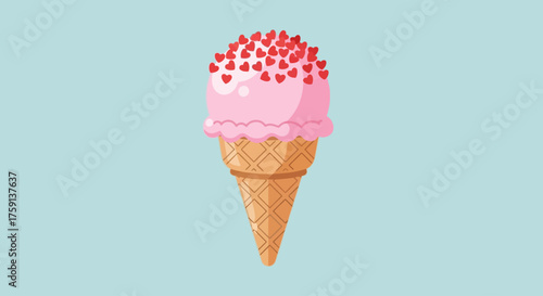A single scoop of pink ice cream in a waffle cone topped with numerous small red heart sprinkles, set against a plain light blue background.