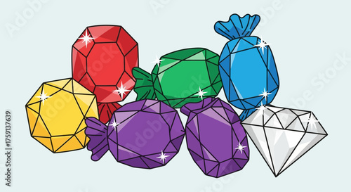 Colorful assortment of candies and a diamond, perfect for a sweet treat or design.