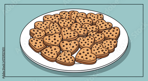 A plate of heart-shaped cookies with chocolate chips, arranged on a white plate against a light blue background.