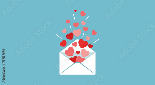 An open envelope overflowing with red and pink hearts against a blue background.