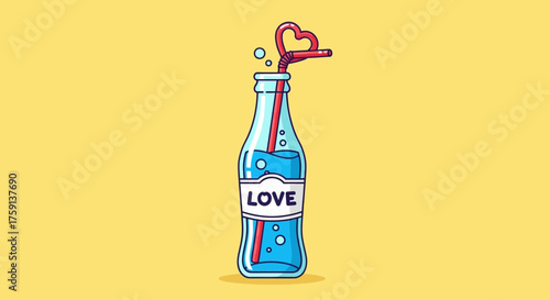 A cartoon illustration of a glass bottle filled with blue liquid, labeled 'LOVE', with a red heart-shaped straw and bubbles on a yellow background.