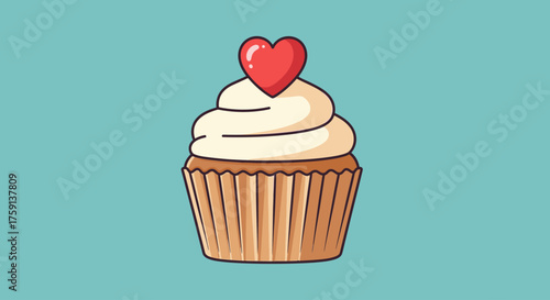 A delicious cupcake with white frosting and a red heart on top, perfect for Valentine's Day.
