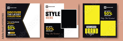 Clothing fashion social media post bundle template. Fashion sale Instagram post template. Urban fashion social media post template.
