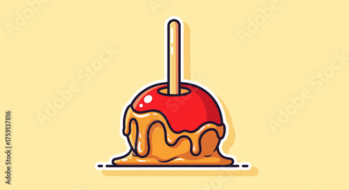 A cartoon illustration of a red candy apple on a stick with dripping caramel sauce on a yellow background.