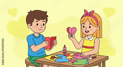 Two children are sitting at a table and making crafts, one is holding a heart-shaped card.