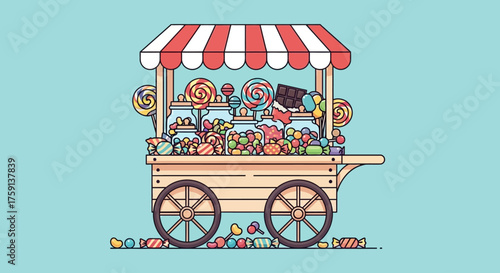 Illustration of a candy cart with a striped awning, filled with various sweets and treats.