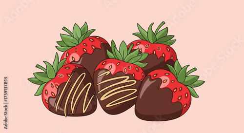 Illustration of chocolate covered strawberries with decorative drizzles.