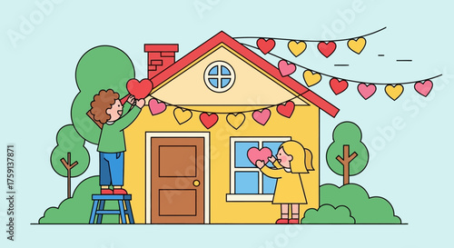 Two children, a boy and a girl, decorating the exterior of their house with colorful heart-shaped garlands for a celebration.