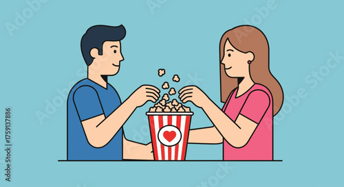 Illustration of a couple sharing popcorn from a striped bucket with a heart on it.
