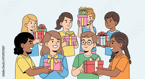 A diverse group of happy children exchanging colorful wrapped gift boxes in a flat vector illustration style.
