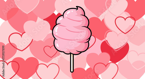 Pink cotton candy on a stick against a background of overlapping red and pink hearts, symbolizing sweetness and love.