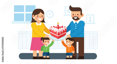 A happy cartoon family of four celebrating a special occasion with a heart-shaped cake.