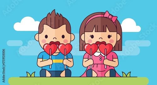 Two cute cartoon children, a boy and a girl, sitting on green grass and holding heart-shaped lollipops to their mouths.