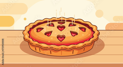A delicious, freshly baked pie with a golden crust and heart-shaped cutouts, steaming gently.