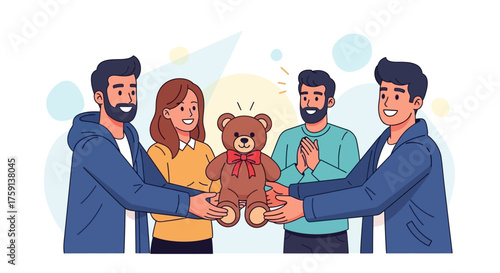 Group of people exchanging a teddy bear, symbolizing friendship and celebration with joy.