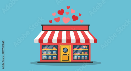 Charming small business storefront with a red and white striped awning and hearts floating above, symbolizing customer love and appreciation.