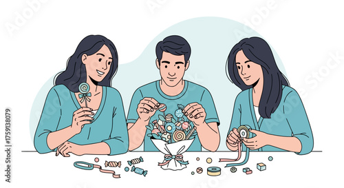 Three individuals crafting a bouquet of candies and ribbons, engaged in a creative activity together.