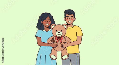 A happy young diverse couple standing together and holding a large brown teddy bear with a red bow.