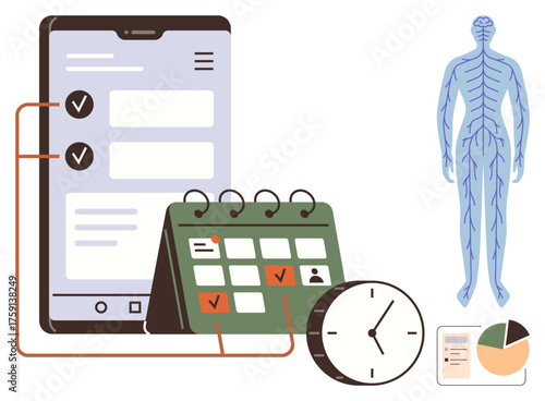 Mobile app, calendar, clock, and human nervous system illustrate time management, medical appointments, and health tracking. Ideal for healthcare, scheduling, wellness anatomy time planning