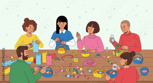 Six people, including adults and children, are gathered around a wooden table, happily engaged in a craft activity, decorating small baskets and items with candies and colorful supplies.