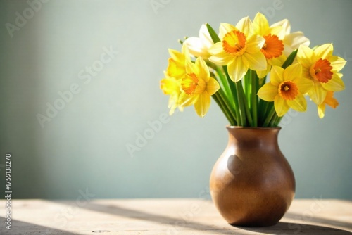 Wallpaper Mural Daffodil bouquet in a rustic ceramic vase on a weathered wooden table, soft natural light. A charming bouquet of daffodils arranged in a rustic ceramic vase. The vase sits on a weathered wooden Torontodigital.ca