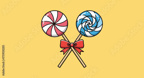 Two colorful lollipops with red and blue swirls, crossed with a red bow on a yellow background.
