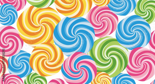 A vibrant and colorful seamless background pattern of swirled lollipops.