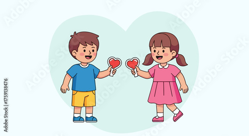 A boy and a girl are holding heart-shaped lollipops, symbolizing love and friendship.