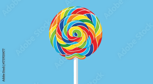 A vibrant rainbow swirl lollipop on a white stick against a plain light blue background.
