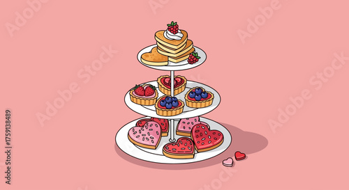 A tiered dessert stand displaying heart-shaped treats, perfect for Valentine's Day celebrations.