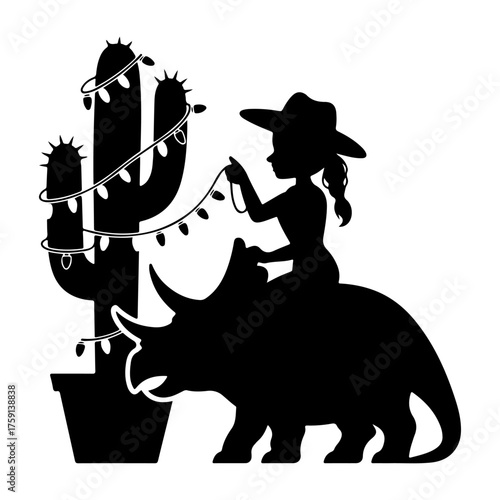 Cowgirl riding a dinosaur decorated with festive lights, a whimsical scene