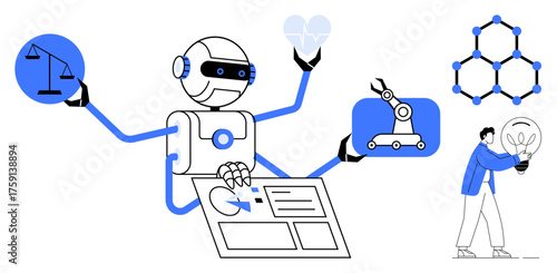 AI-powered robot multitasking with scales of justice, medical heart, automation tool, molecule, and human creativity. Ideal for technology, ethics, innovation, automation AI research engineering