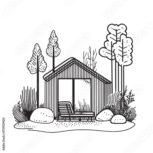 flat outline line art vector illustration of outdoor retreats for relaxation and rejuvenation