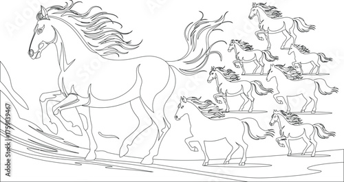 Line Art Depiction of a Leading Horse Accompanied by a Group Trotting Behind It