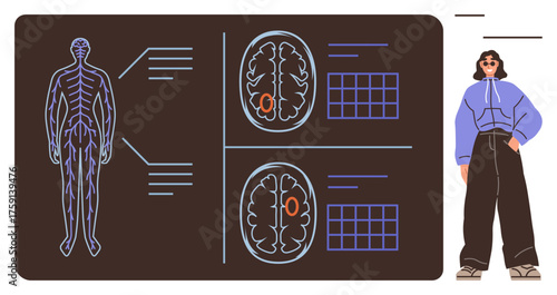 Nervous system anatomy diagram, brain scan results with highlighted areas and data grids woman standing in casual attire. Ideal for healthcare, anatomy, neurology, diagnostics, education, research