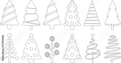 Line Art of Christmas Trees, Black and White Coloring Page with Different Tree Designs