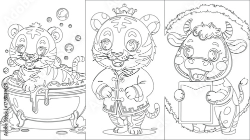 Line Art Tiger in Bath, Crowned Tiger in Outfit, and Cow Holding a Sign