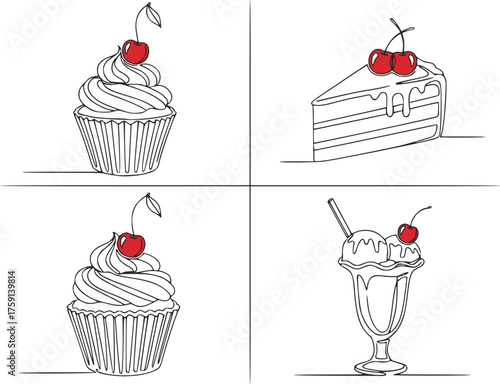 Set of desserts, cakes, ice-cream. Single one line style drawing of muffin, cupcakes and cake slice with colored shapes. Design for menus, recipe books, greeting cards or invitations. EPS version.