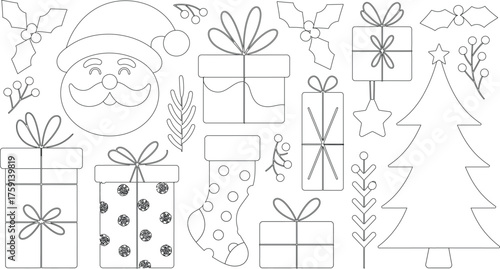 Outlined Christmas Coloring Page Santa, Gifts, Tree, Stocking, Holly, and Berries for Festive Fun