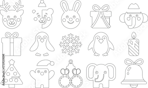 Assorted Christmas and Winter Animal Outline Illustrations for Coloring Books and Educational Resources