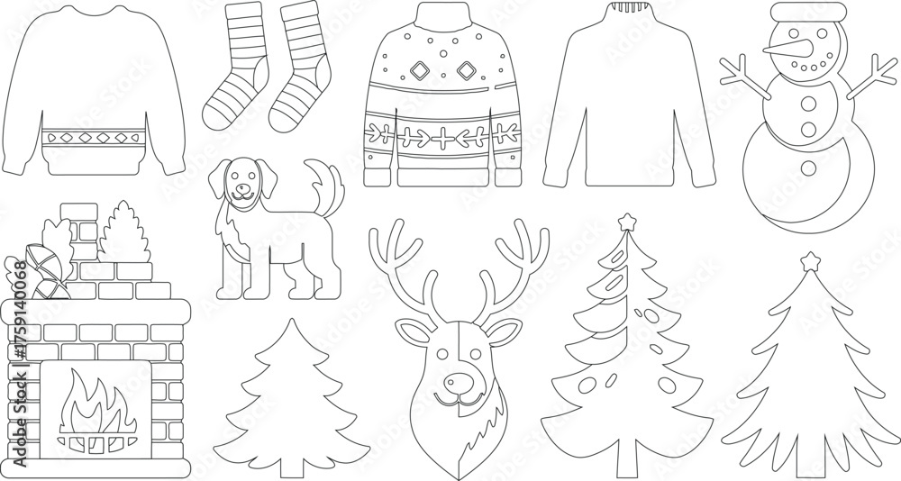 Obraz premium Black and White Outline of Christmas Sweaters, Fireplace, Dog, Snowman, and Christmas Trees