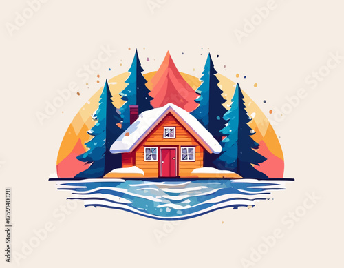 Vibrant A-Frame Cabin Sunset Illustration - Lakeside Retreat Vector Art