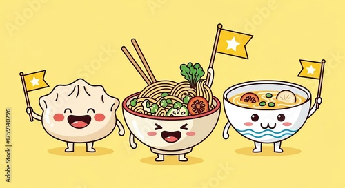 Cute Cartoon Dumpling Noodle Bowl and Soup Bowl Characters Waving Yellow Flags on Yellow Background