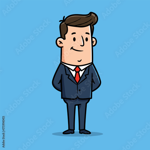 A cartoon illustration of a smiling businessman in a navy suit and red tie, standing politely with his hands behind his back.