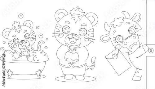 Cute Cartoon Animals Tiger in Bubble Bath, Tiger in Outfit, Cow with Letter