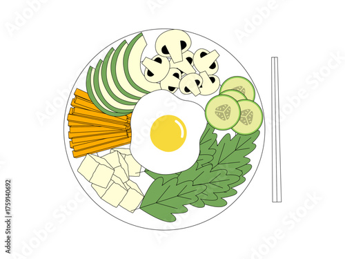 Bibimbap is a delicious fresh Korean traditional food. Vegetarian illustration. Flat vector illustration.