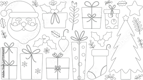Line Art Christmas Coloring Page with Santa Claus, Presents, Christmas Tree, and Holiday Decorations